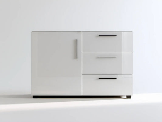Biała komoda z płyty MDF 120 x 40 x 90 cm z 3 szufladami i 1 drzwiami
