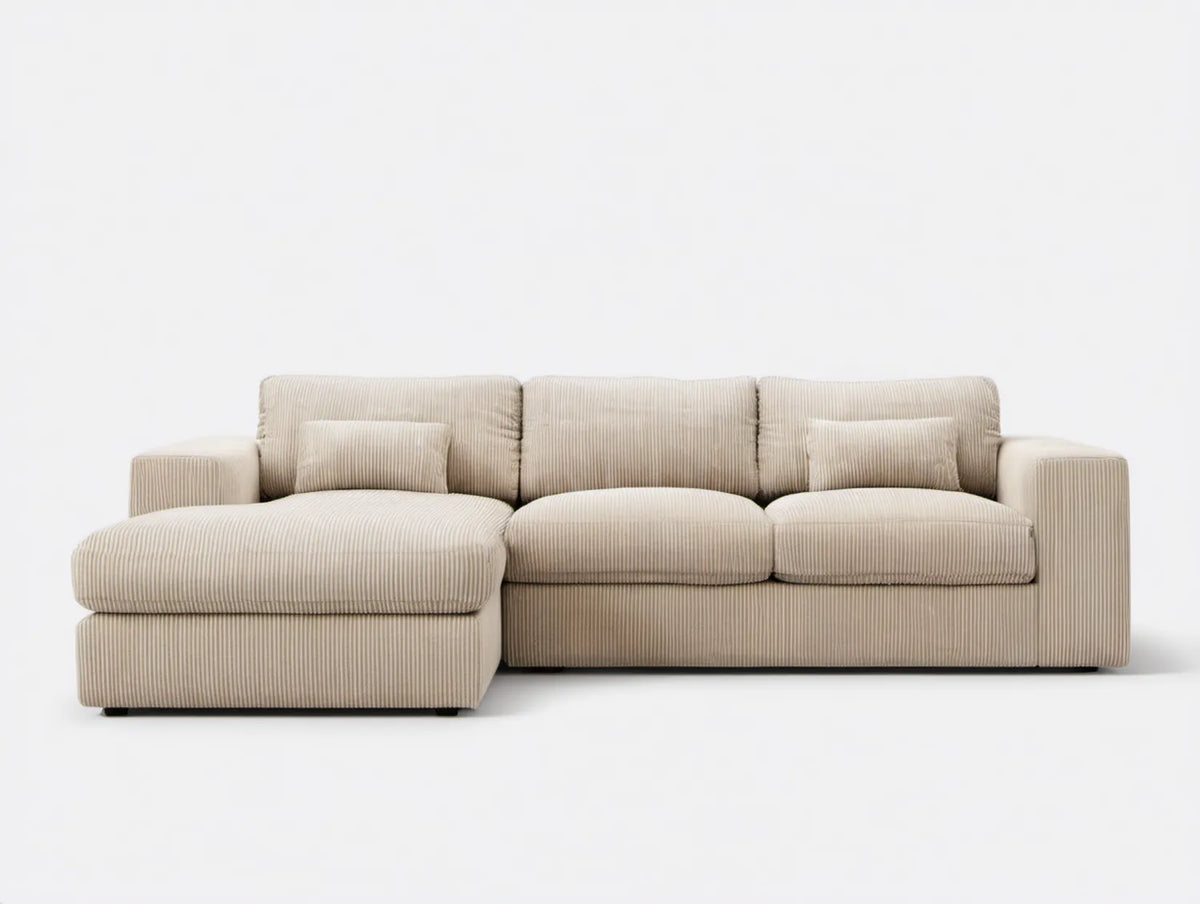 Beżowa sofa narożna lewostronna ze sztruksu poliestrowego 260 x 160 x 85 cm w kształcie litery L