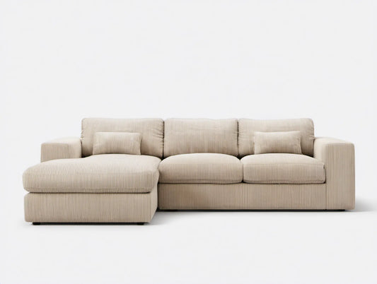 Beżowa sofa narożna lewostronna ze sztruksu poliestrowego 260 x 160 x 85 cm w kształcie litery L