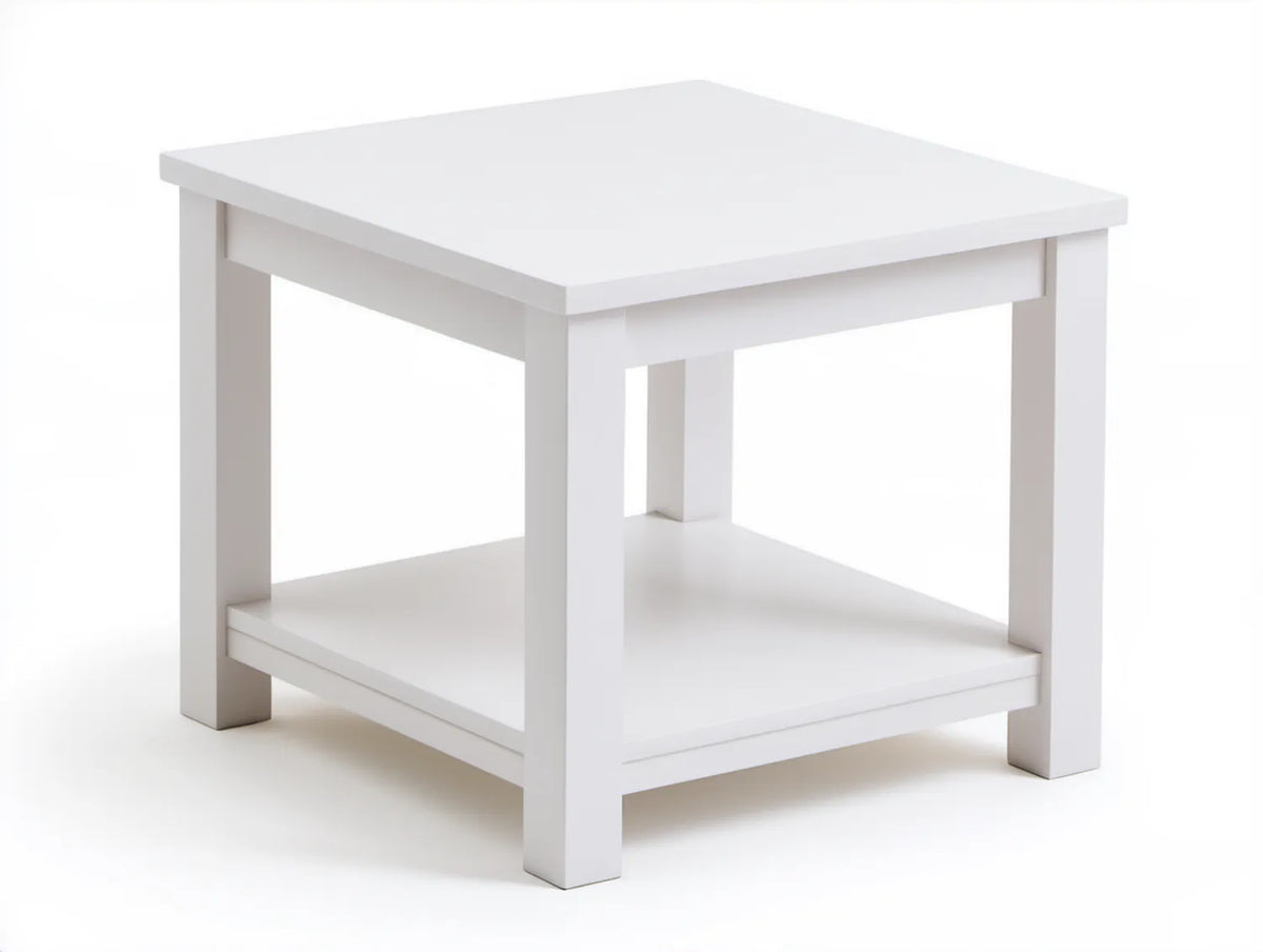 Biały stolik kawowy z płyty MDF, 55 x 55 x 45 cm, z dolną półką