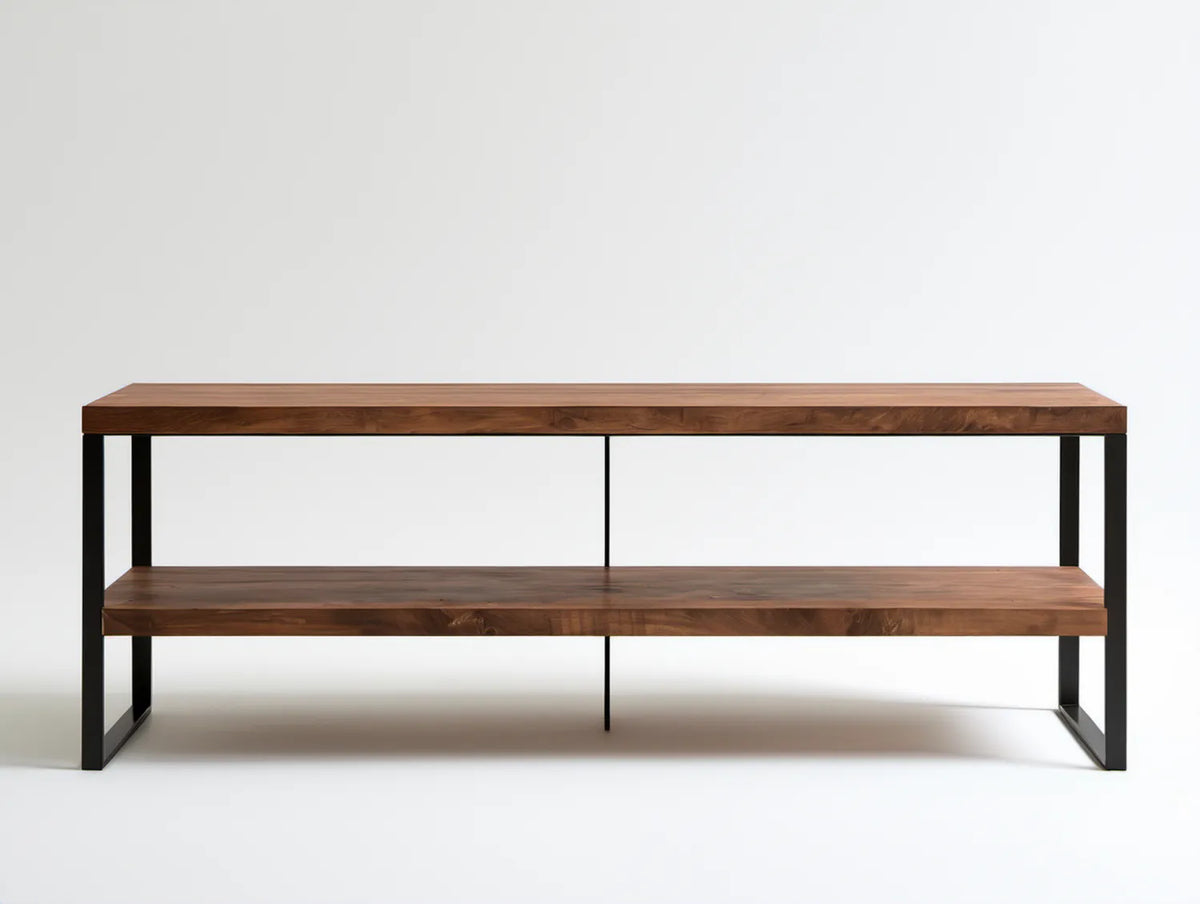Regał do salonu z 2 półkami z litego drewna akacjowego i stali, brązowo-czarny, 160 x 40 x 80 cm