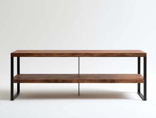 Regał do salonu z 2 półkami z litego drewna akacjowego i stali, brązowo-czarny, 160 x 40 x 80 cm