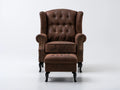 Brązowy fotel uszak Chesterfield z podnóżkiem, mikrofibra poliestrowa, 88 × 90 × 105 cm