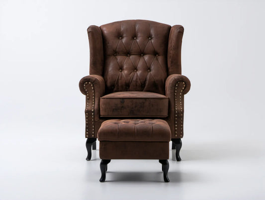 Brązowy fotel uszak Chesterfield z podnóżkiem, mikrofibra poliestrowa, 88 × 90 × 105 cm