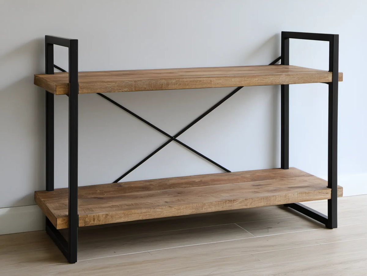 Regał dwupoziomowy industrialny brązowo-czarny z drewna sosnowego i stali 120 x 35 x 90 cm