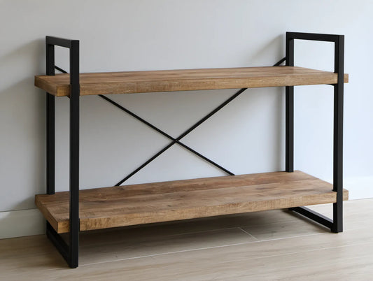 Regał dwupoziomowy industrialny brązowo-czarny z drewna sosnowego i stali 120 x 35 x 90 cm
