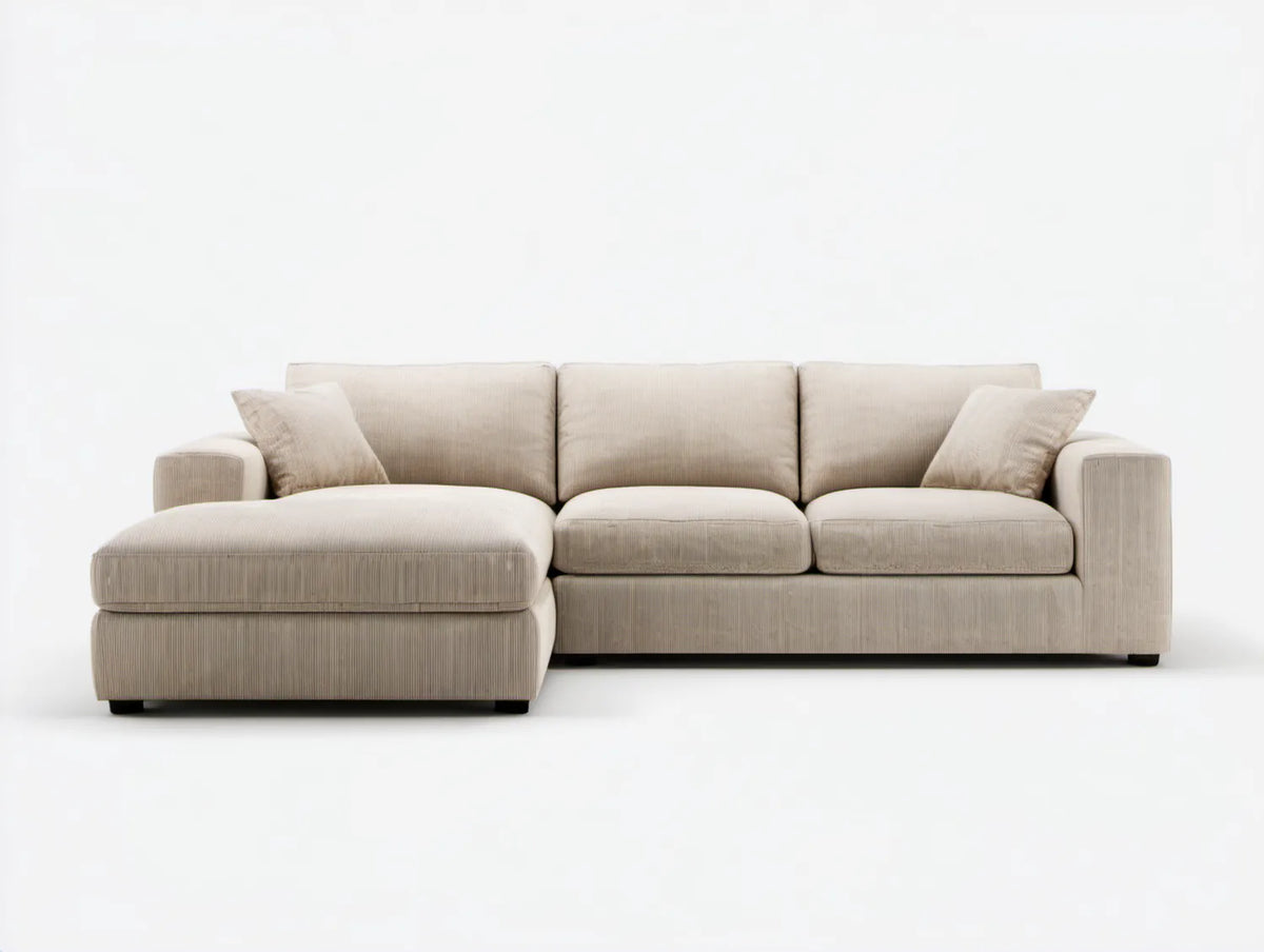 Lewostronna sofa narożna 3-osobowa z szezlongiem, beżowa z czarnymi nóżkami, 280 x 160 x 85 cm