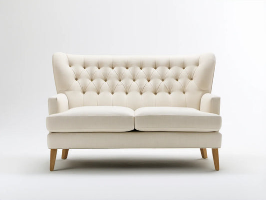 Kremowa sofa dwuosobowa z pikowanym oparciem i naturalnobrązowymi nogami, 160 x 85 x 105 cm
