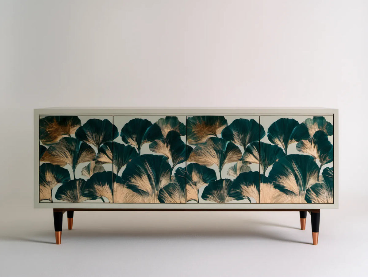 Czterodrzwiowy kredens z MDF 180 x 40 x 85 cm beżowy z botanicznym motywem miłorzębu