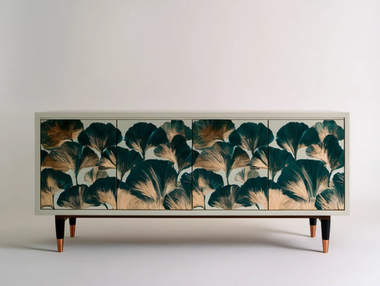 Czterodrzwiowy kredens z MDF 180 x 40 x 85 cm beżowy z botanicznym motywem miłorzębu