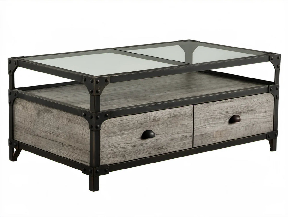 Prostokątny stolik kawowy z 2 szufladami 110 x 60 x 45 cm, szary/czarny/przezroczysty