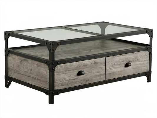 Prostokątny stolik kawowy z 2 szufladami 110 x 60 x 45 cm, szary/czarny/przezroczysty