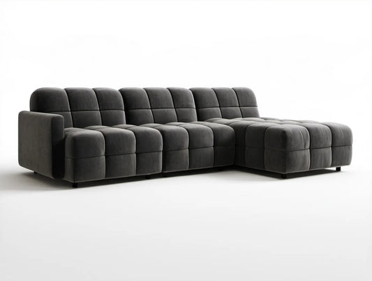 Grafitowa sofa narożna 5-osobowa z prawostronnym szezlongiem, welur poliestrowy, 300 x 210 x 78 cm