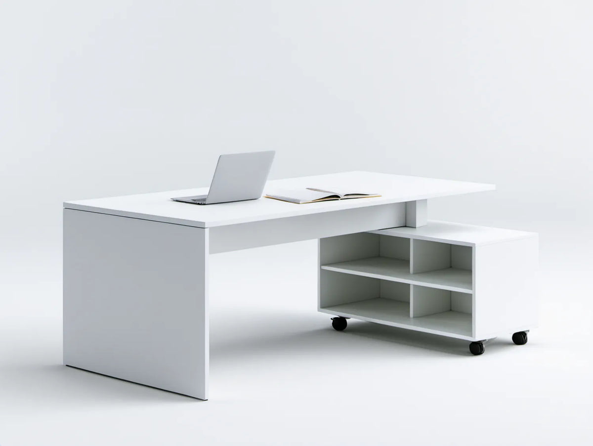 Białe biurko 160 x 70 x 75 cm z mobilnym regałem na kółkach