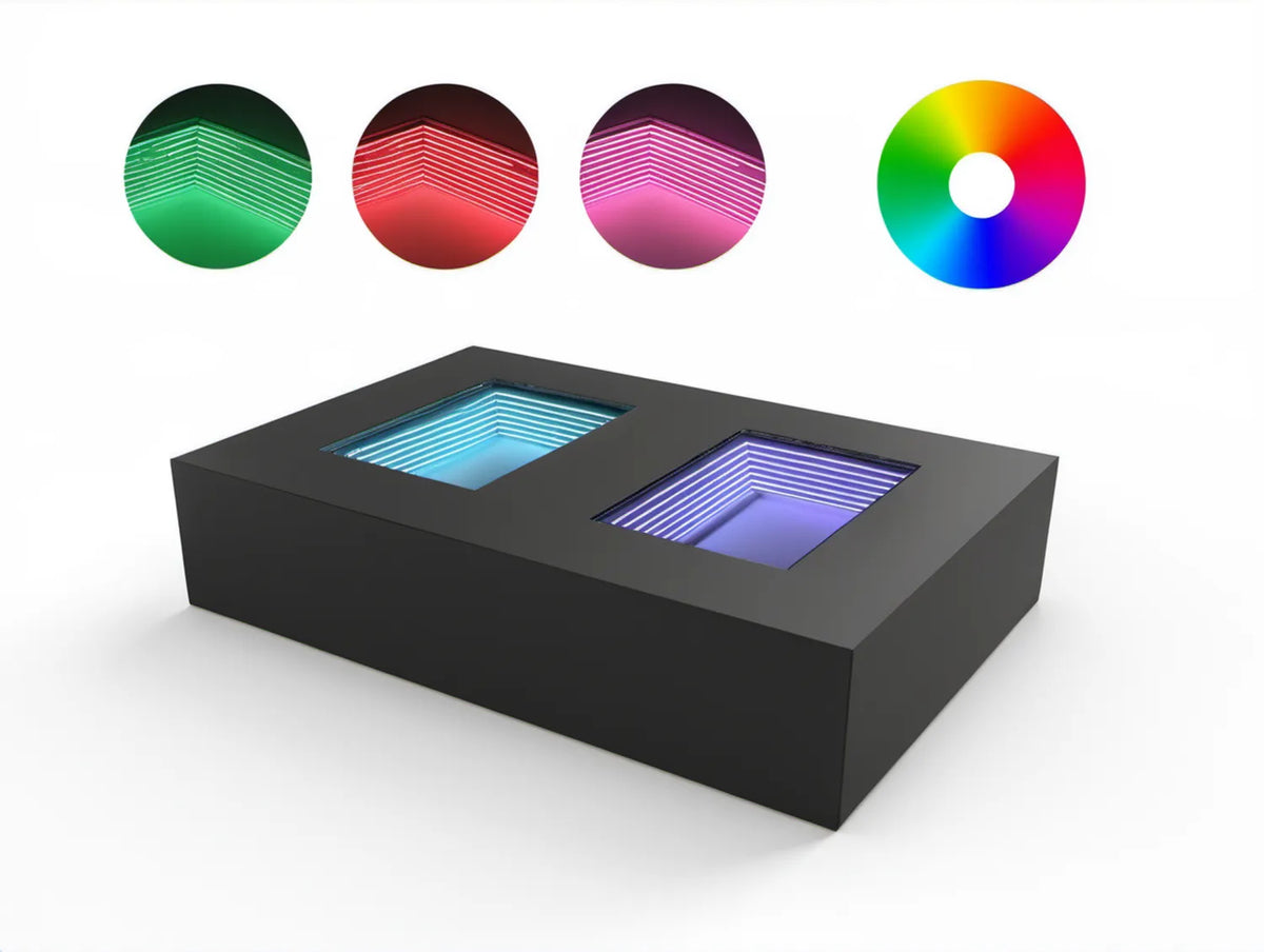 Czarny prostokątny model z podświetleniem LED RGB i efektem nieskończonego lustra, 100 x 60 x 40 cm